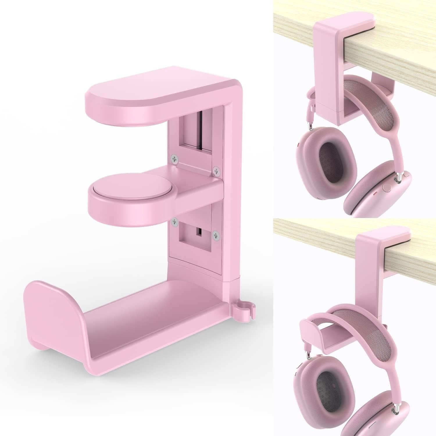 Rotating Headphone Stand - PC Gaming Headset Holder, Adjustable Clamp-on Under Desk Hanger With 360 Degree Swivel &amp; Cable Clip Organizer