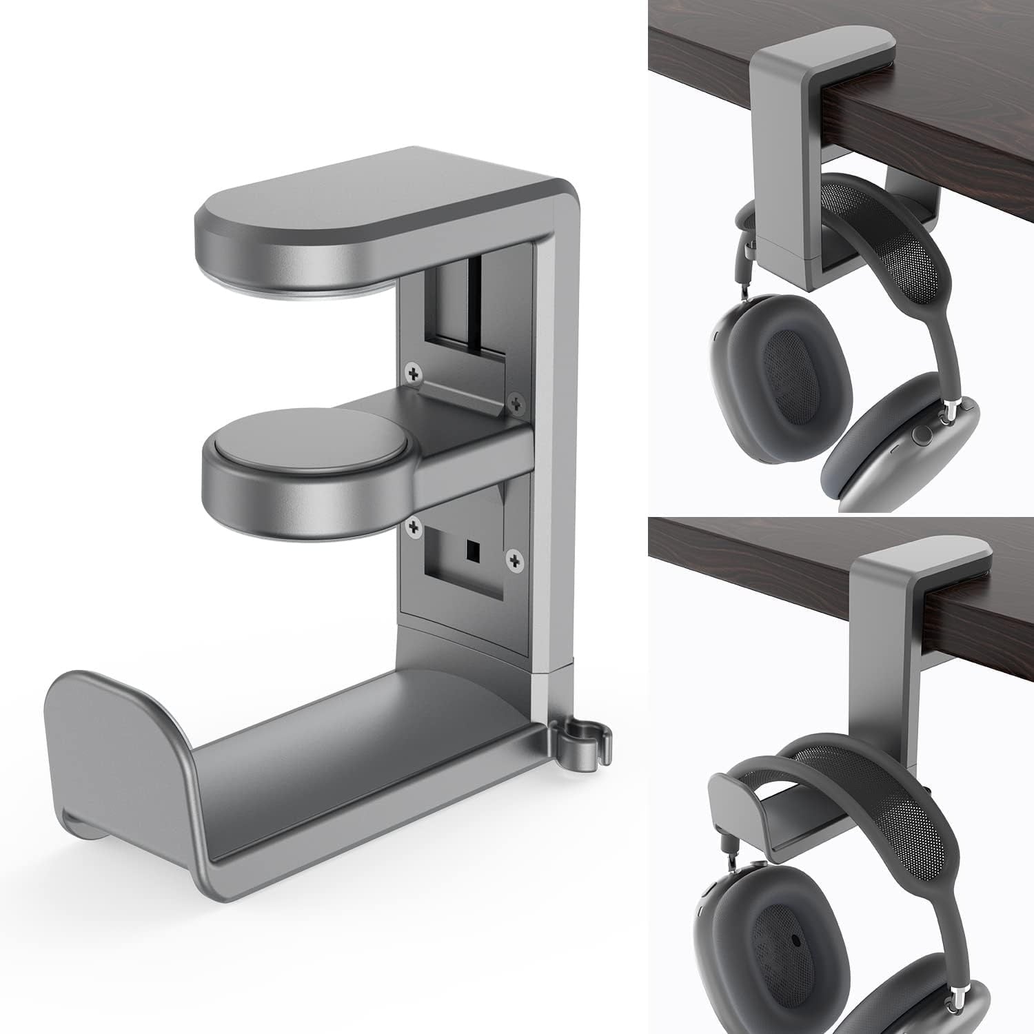 Rotating Headphone Stand - PC Gaming Headset Holder, Adjustable Clamp-on Under Desk Hanger With 360 Degree Swivel &amp; Cable Clip Organizer