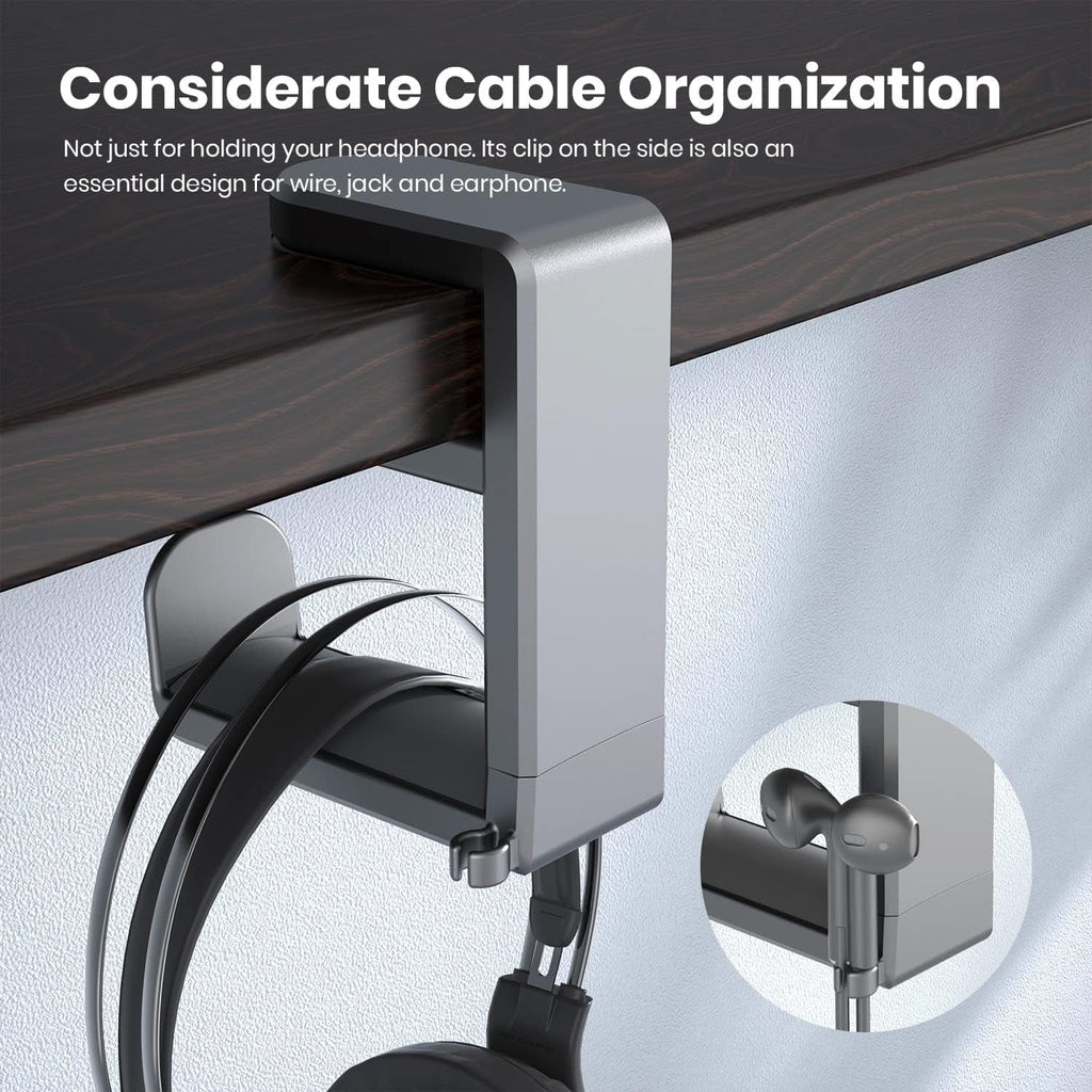 Rotating Headphone Stand - PC Gaming Headset Holder, Adjustable Clamp-on Under Desk Hanger With 360 Degree Swivel &amp; Cable Clip Organizer