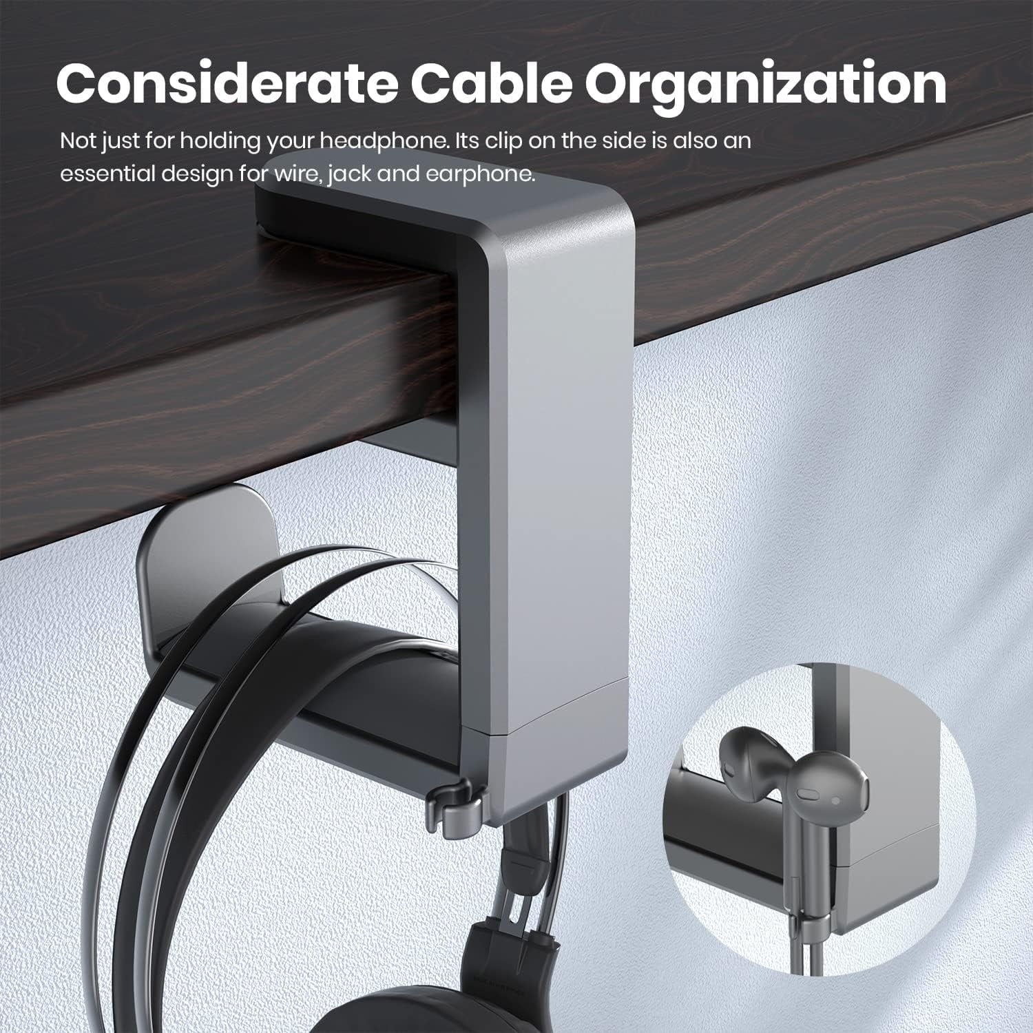Rotating Headphone Stand - PC Gaming Headset Holder, Adjustable Clamp-on Under Desk Hanger With 360 Degree Swivel &amp; Cable Clip Organizer
