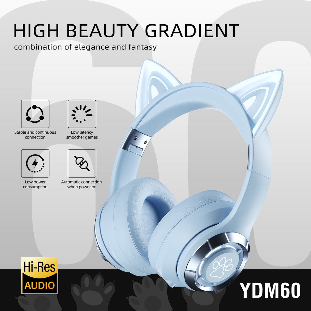 Cute Cat Ear Wireless Bluetooth Headphone With Microphone On-Ear Headset Stereo Sound Earphones Sports Gaming Foldable Headphone