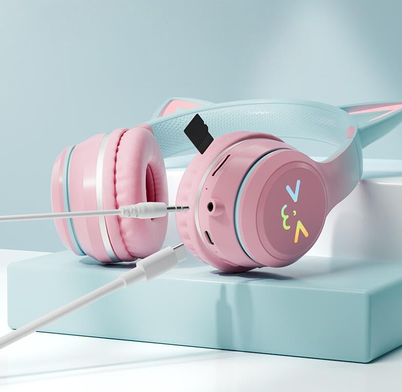 Gradient wireless Headphones RGB cute cat ear Bluetooth Earphones with microphone Stereo Music Game Earphone Girls Kids Gifts