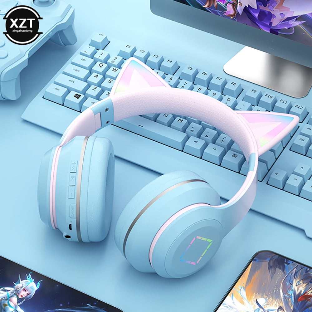 Gradient wireless Headphones RGB cute cat ear Bluetooth Earphones with microphone Stereo Music Game Earphone Girls Kids Gifts