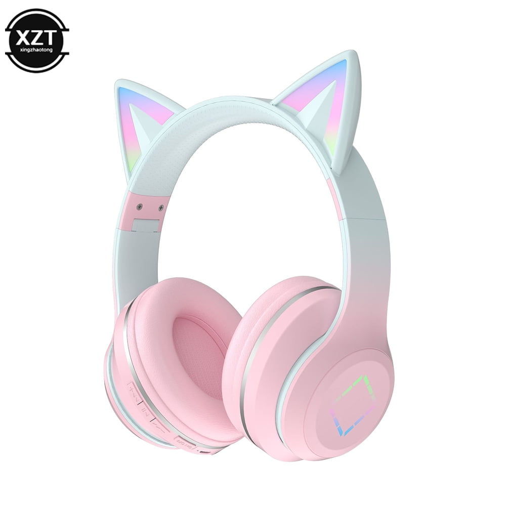 Gradient wireless Headphones RGB cute cat ear Bluetooth Earphones with microphone Stereo Music Game Earphone Girls Kids Gifts