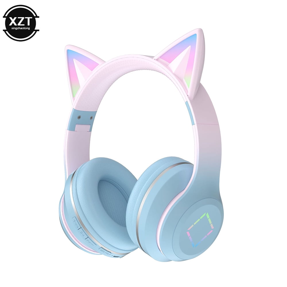 Gradient wireless Headphones RGB cute cat ear Bluetooth Earphones with microphone Stereo Music Game Earphone Girls Kids Gifts