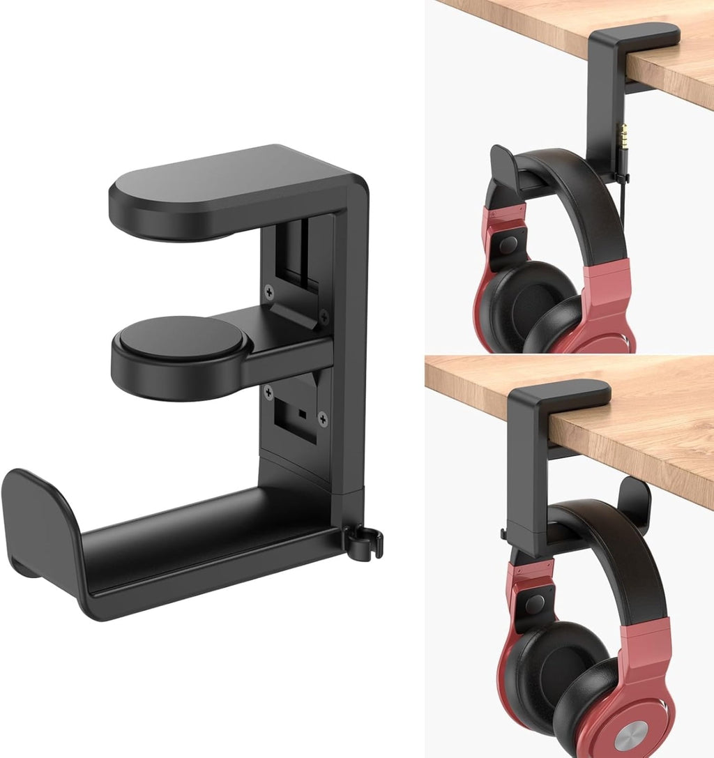 Rotating Headphone Stand - PC Gaming Headset Holder, Adjustable Clamp-on Under Desk Hanger With 360 Degree Swivel &amp; Cable Clip Organizer