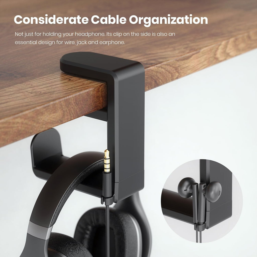Rotating Headphone Stand - PC Gaming Headset Holder, Adjustable Clamp-on Under Desk Hanger With 360 Degree Swivel &amp; Cable Clip Organizer