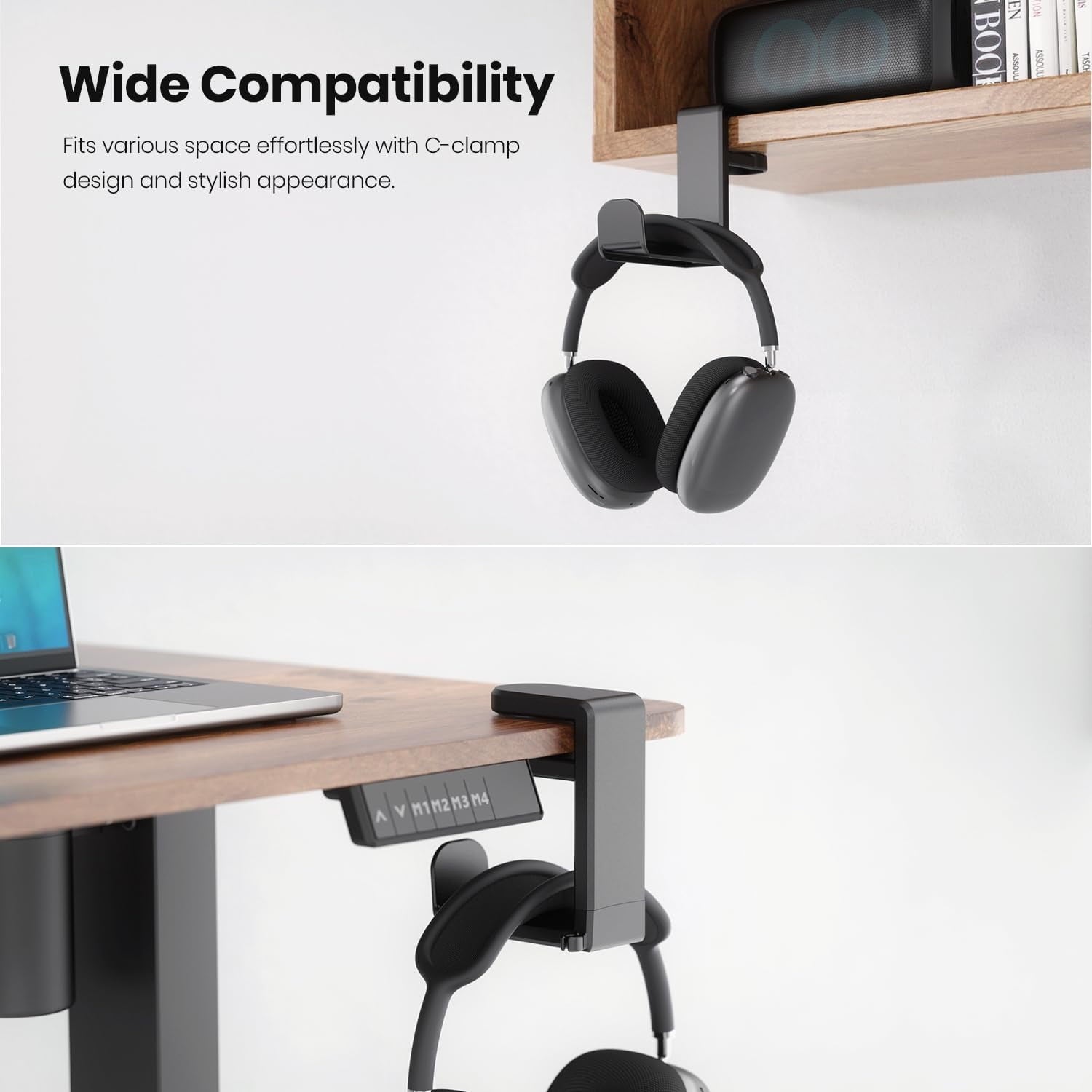 Rotating Headphone Stand - PC Gaming Headset Holder, Adjustable Clamp-on Under Desk Hanger With 360 Degree Swivel &amp; Cable Clip Organizer