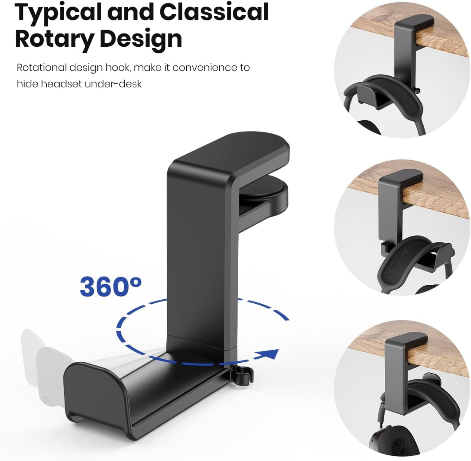 Rotating Headphone Stand - PC Gaming Headset Holder, Adjustable Clamp-on Under Desk Hanger With 360 Degree Swivel &amp; Cable Clip Organizer