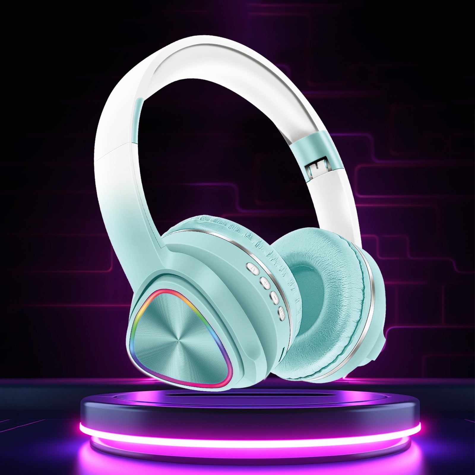 Wireless Headphones, Bluetooth 5.0 with LED Light Effects and Foldable Design for Work, Gaming, Workout, in Blue, Green, Pink