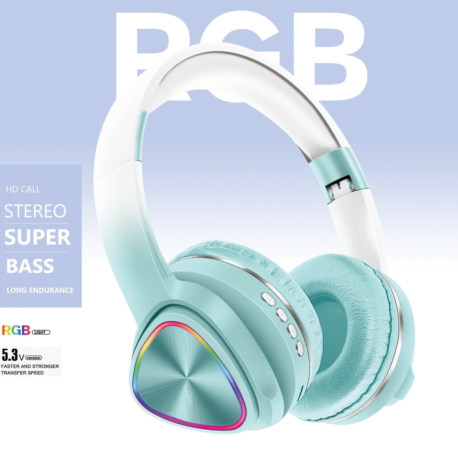 Wireless Headphones, Bluetooth 5.0 with LED Light Effects and Foldable Design for Work, Gaming, Workout, in Blue, Green, Pink