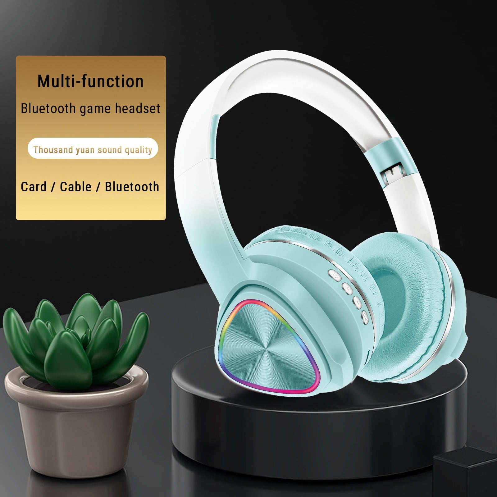 Wireless Headphones, Bluetooth 5.0 with LED Light Effects and Foldable Design for Work, Gaming, Workout, in Blue, Green, Pink