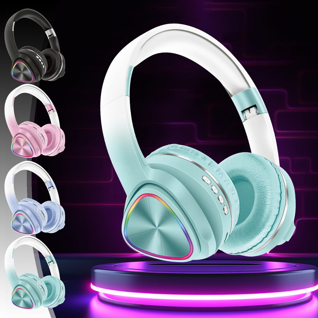 Wireless Headphones, Bluetooth 5.0 with LED Light Effects and Foldable Design for Work, Gaming, Workout, in Blue, Green, Pink