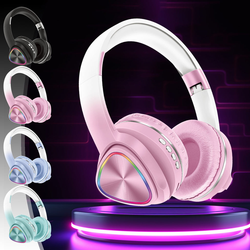 Wireless Headphones, Bluetooth 5.0 with LED Light Effects and Foldable Design for Work, Gaming, Workout, in Blue, Green, Pink