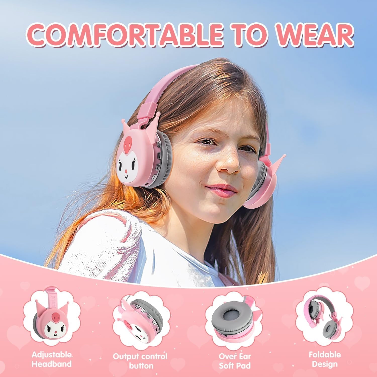 HELANHO Cute Cartoon Kuromi Wireless Bluetooth Headphones with Microphone - Stylish Stereo Earphones, Fashionable Gift for Teens &amp; Adults QQH63-2352
