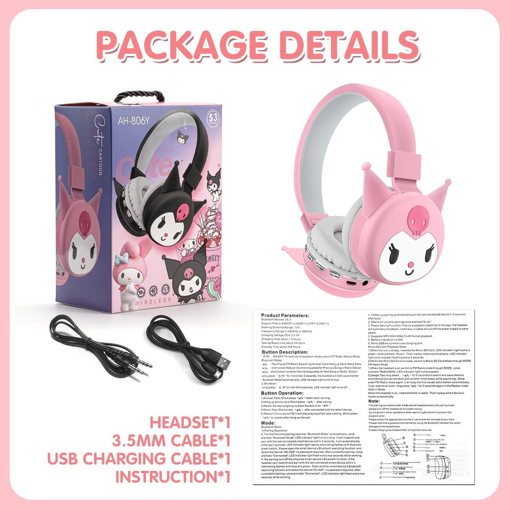 HELANHO Cute Cartoon Kuromi Wireless Bluetooth Headphones with Microphone - Stylish Stereo Earphones, Fashionable Gift for Teens &amp; Adults QQH63-2352
