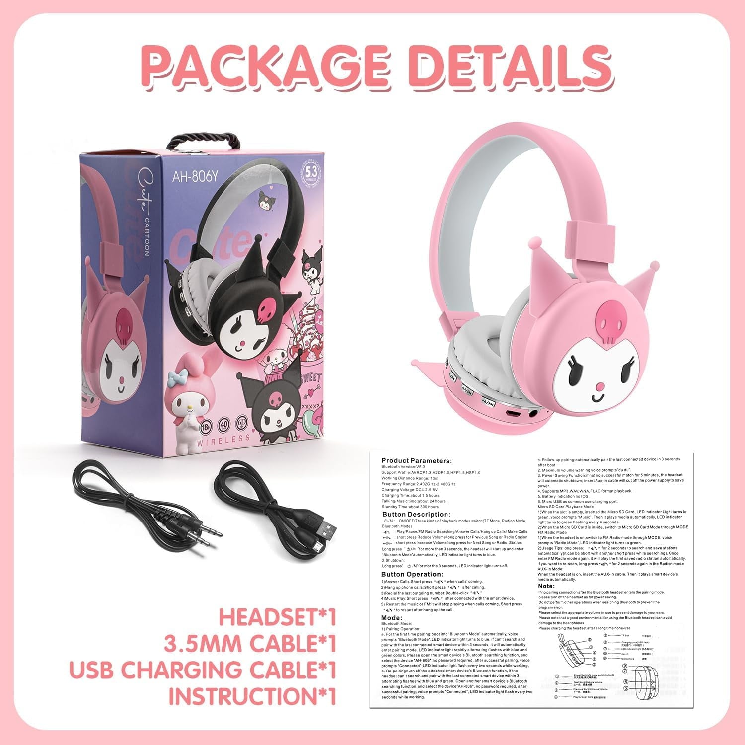 HELANHO Cute Cartoon Kuromi Wireless Bluetooth Headphones with Microphone - Stylish Stereo Earphones, Fashionable Gift for Teens &amp; Adults QQH63-2352