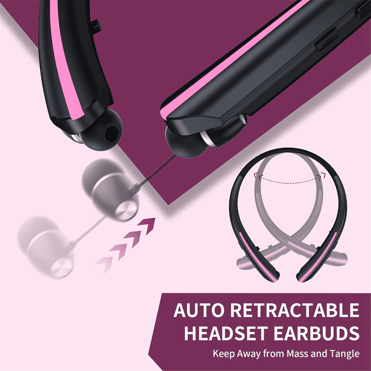 Neckband Wireless Bluetooth Earphones, Retractable Ear Sweat-Proof Stereo Noise-Canceling Earphones