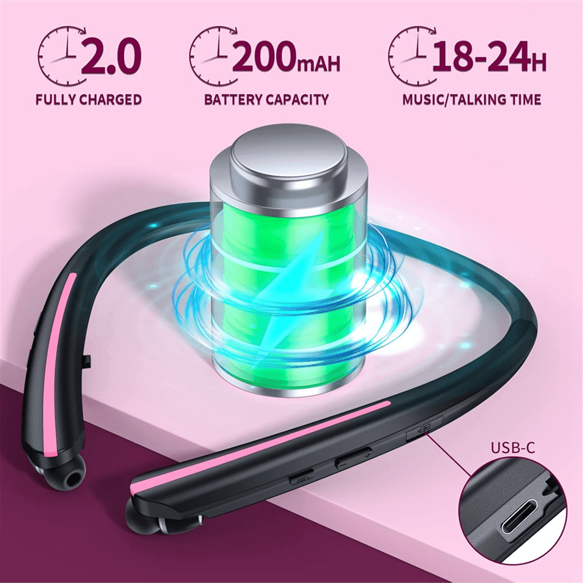 Neckband Wireless Bluetooth Earphones, Retractable Ear Sweat-Proof Stereo Noise-Canceling Earphones
