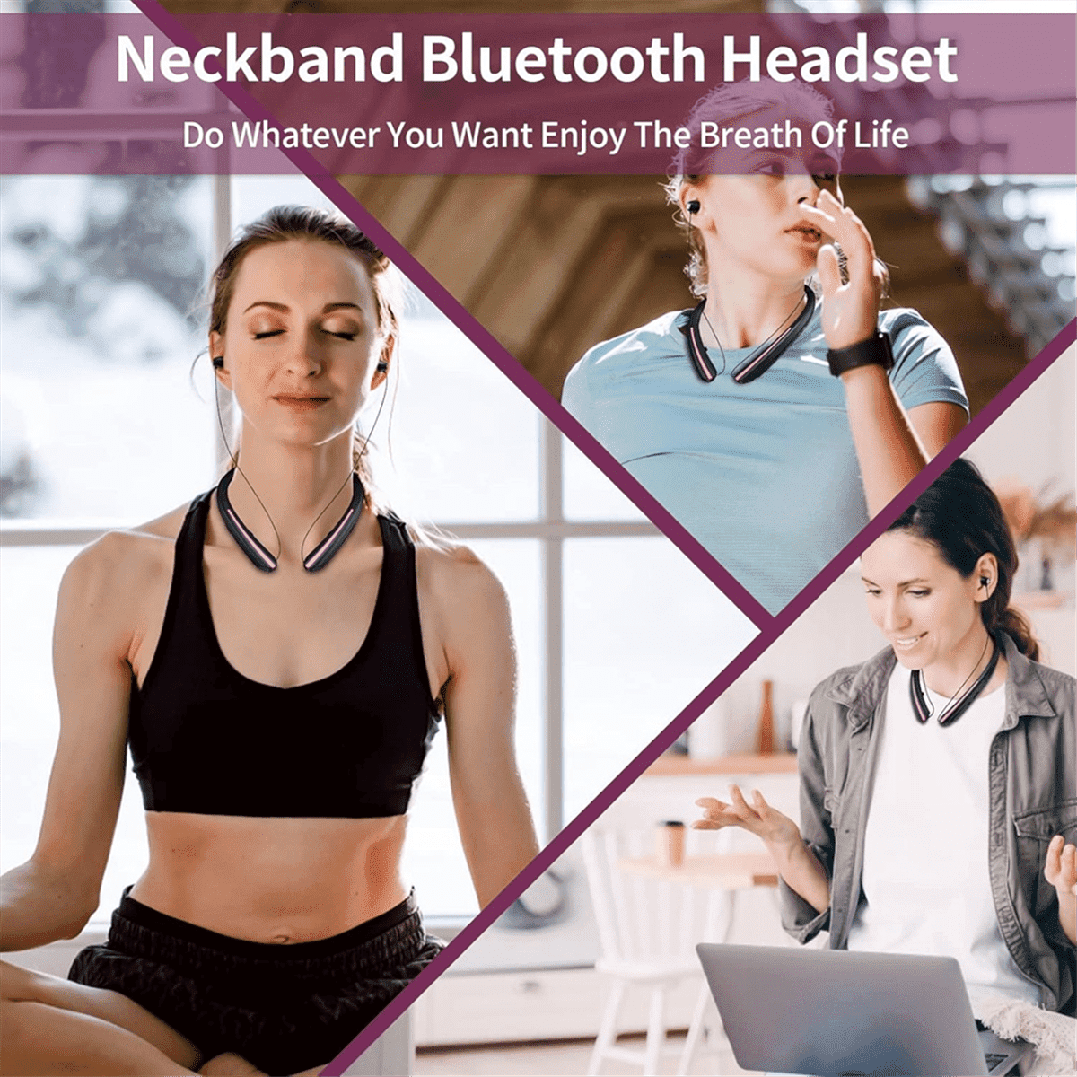 Neckband Wireless Bluetooth Earphones, Retractable Ear Sweat-Proof Stereo Noise-Canceling Earphones