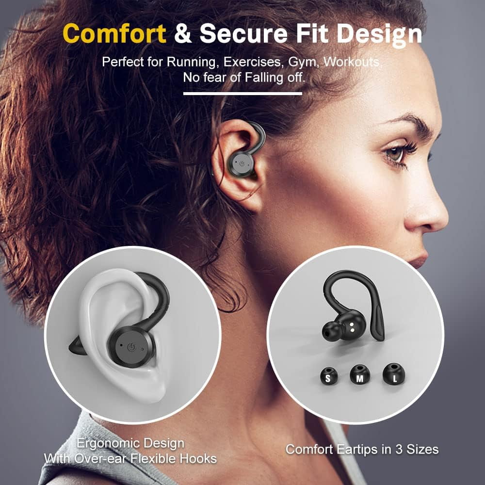Bluetooth Headphones True Wireless Earbuds with Charging Case IPX7 Waterproof Stereo Sound Earphones Built-in Mic in-Ear Headsets for Sport Running Black