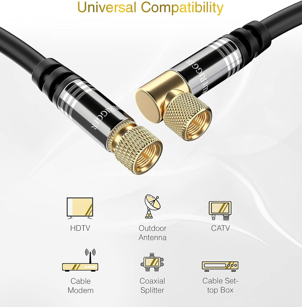 RG6 Coaxial  (3FT, 90? Angled to 90? Angled Connector Pin,  Plated, Triple Shielded) - Digital Audio Video Coax  Cord for HDTV, CATV, Modem,  Receivers