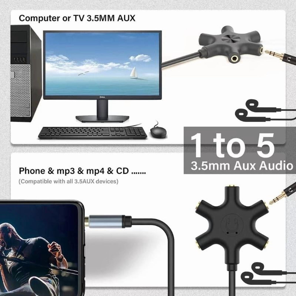 Headsets Adapter Microphones Headphone Splitter 3.5mm Male to 3.5mm Female 5 Port Adapter Cable for PC Smartphones