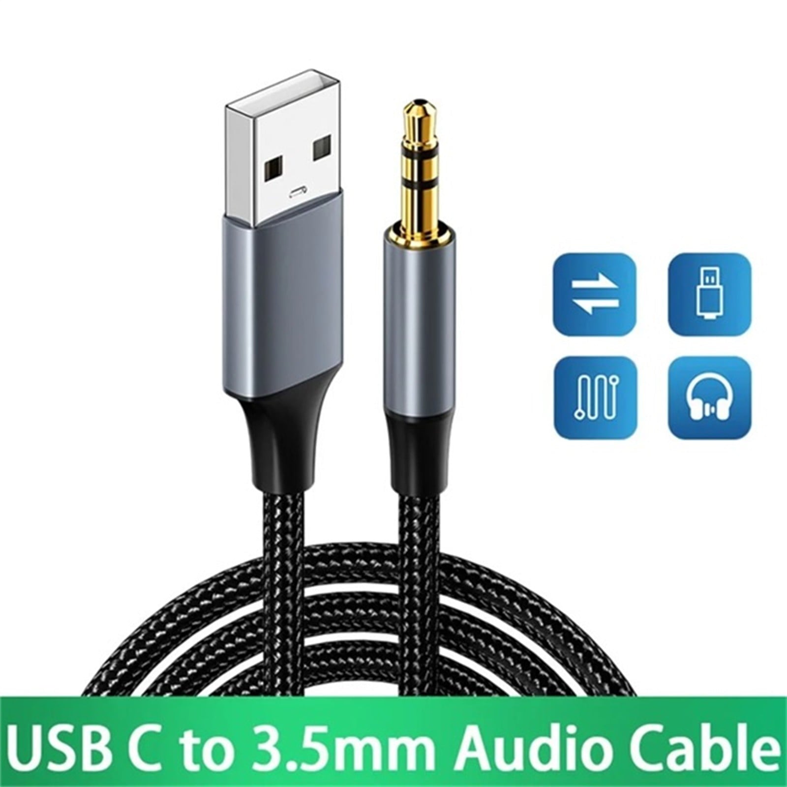2Pcs Black USB to 3.5mm Audio Male to Male Stereo USB A to 3.5 Jack AUX Adapter Wire Headphone Speaker for Headphones Speaker PC Laptop,Not for Charging