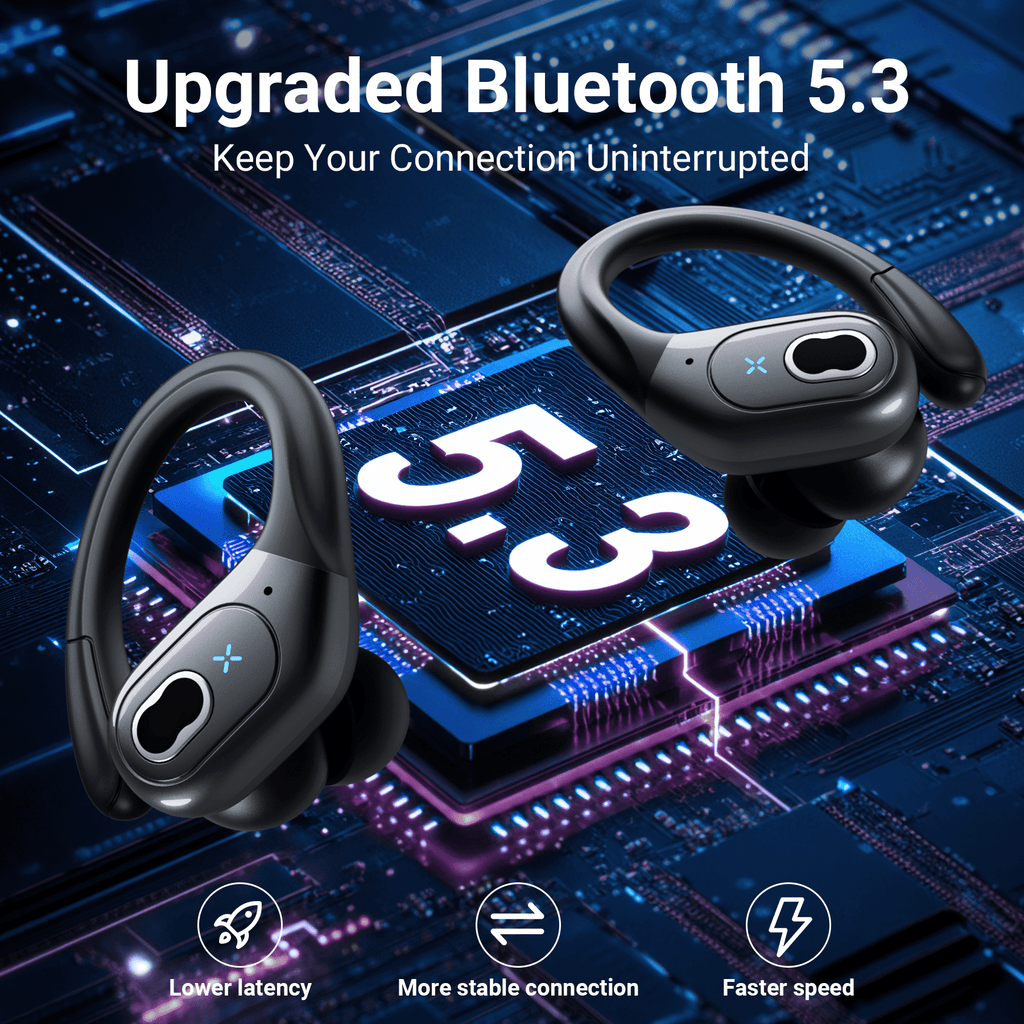 Headphones Wireless Earbuds Sport, Bluetooth 5.3 Over Ear Buds Stereo Deep Bass Headset with Earhooks, 80H Dual LED Display Wireless Earphones with ENC Noise Canceling Mic,for Running/Workout