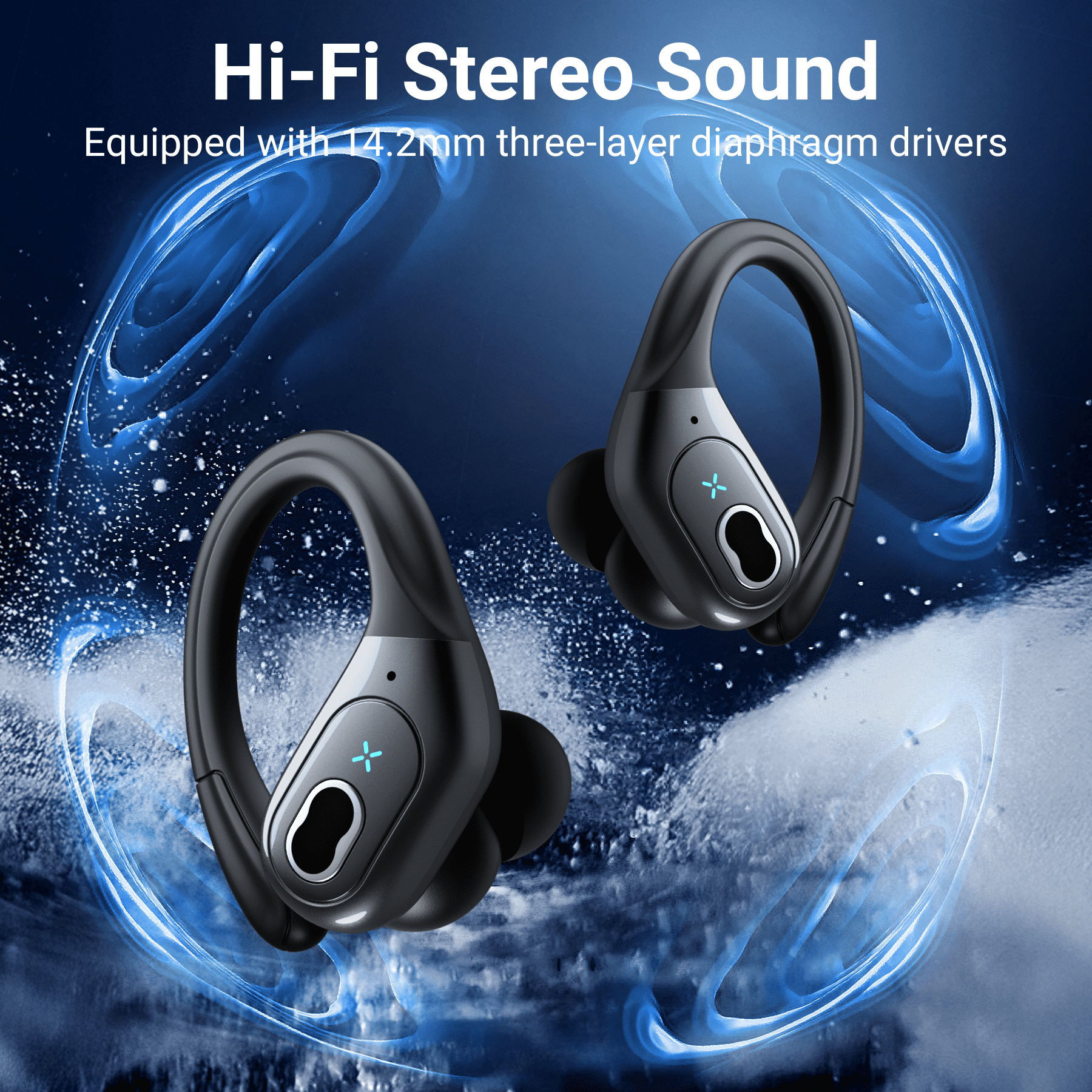 Headphones Wireless Earbuds Sport, Bluetooth 5.3 Over Ear Buds Stereo Deep Bass Headset with Earhooks, 80H Dual LED Display Wireless Earphones with ENC Noise Canceling Mic,for Running/Workout
