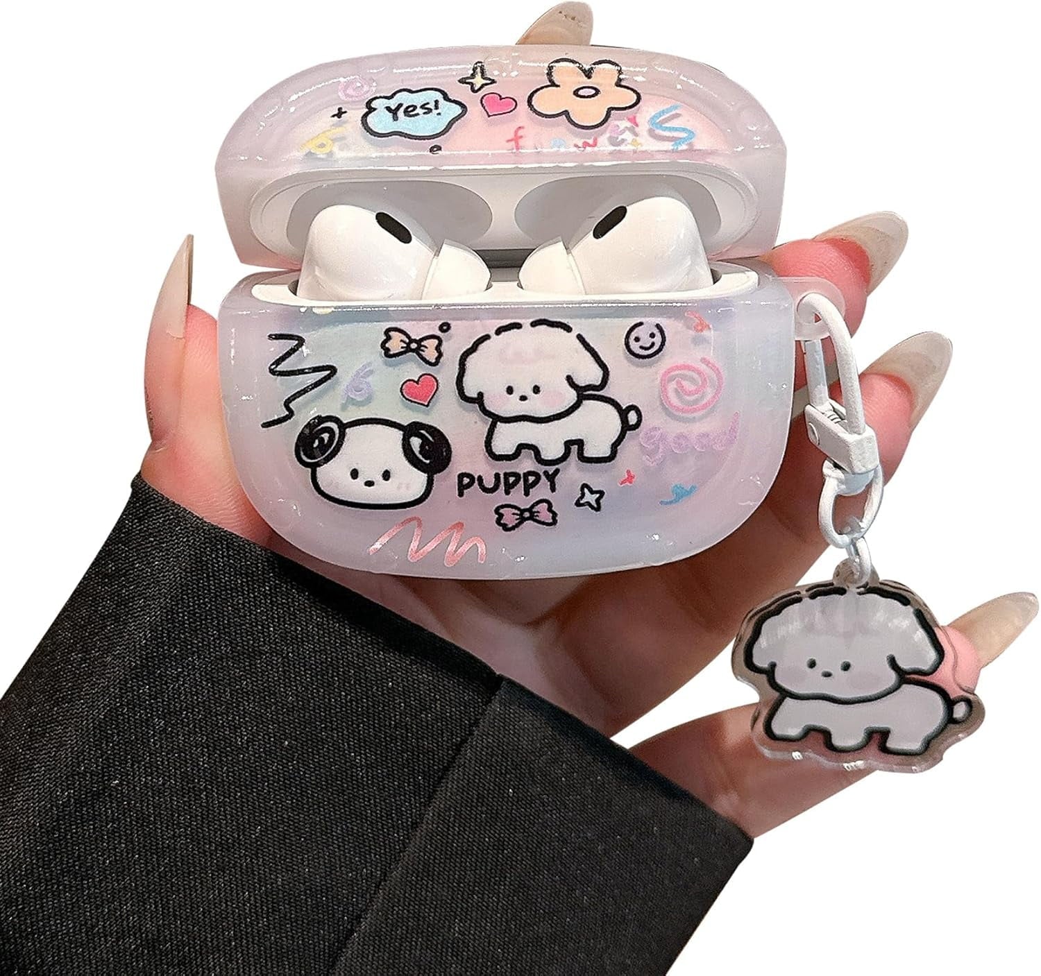 Cute Case for Airpod Pro 2 with Puppy Keychain Cartoon Animal Clear Protective Cover Compatible with AirPods Pro 2nd 1st Generation Case for Girls Women (Pro2 - White Dog)