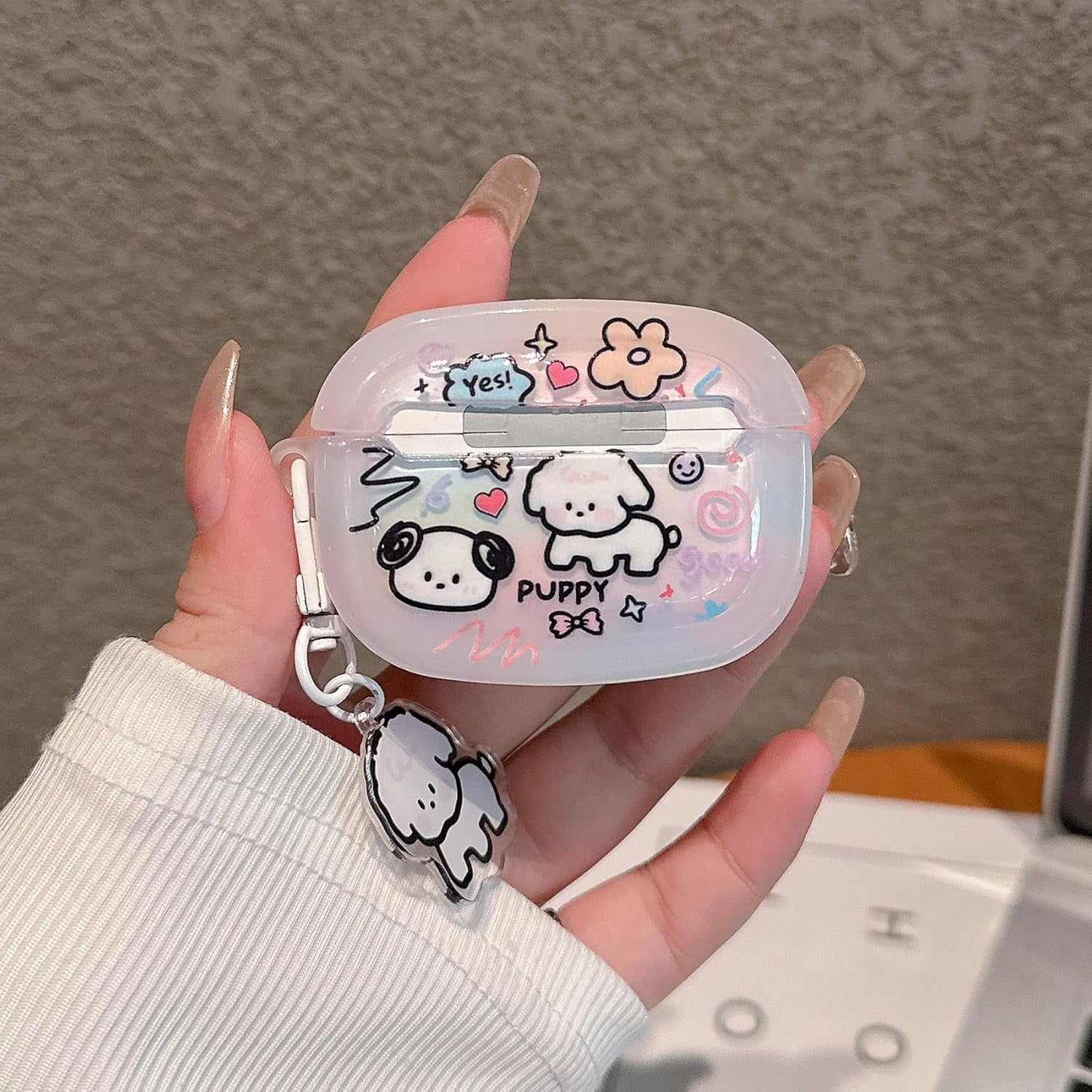 Cute Case for Airpod Pro 2 with Puppy Keychain Cartoon Animal Clear Protective Cover Compatible with AirPods Pro 2nd 1st Generation Case for Girls Women (Pro2 - White Dog)