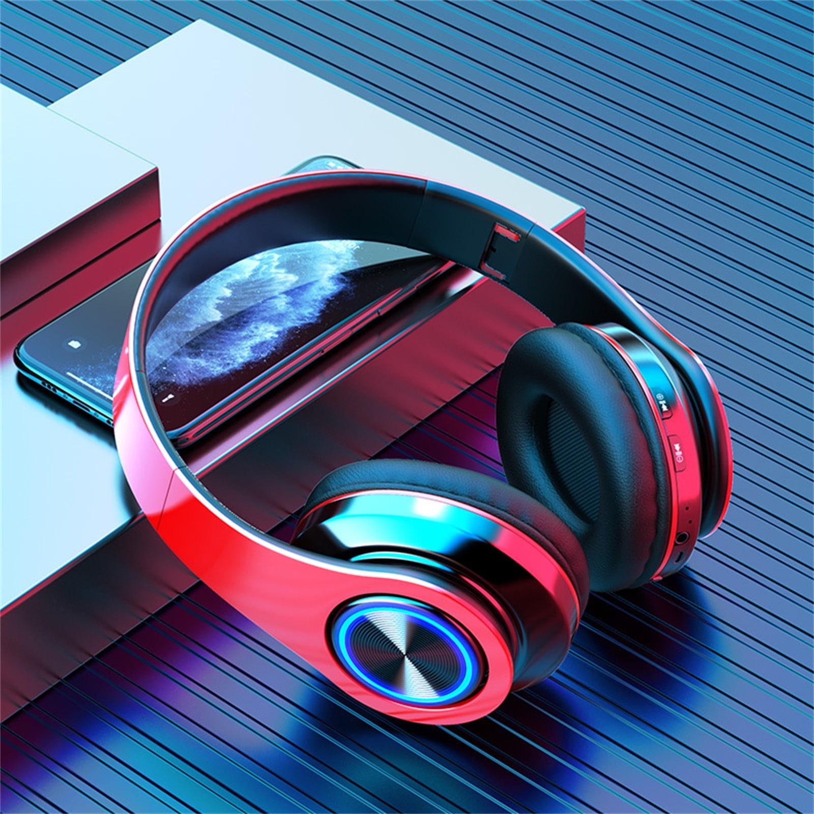 Wireless Headphones with Light Effects, Bluetooth 5.0 with Microphone ^ Features Memory Card Playback and Foldable Design ^ for Comfortable Wear and Extended Listening