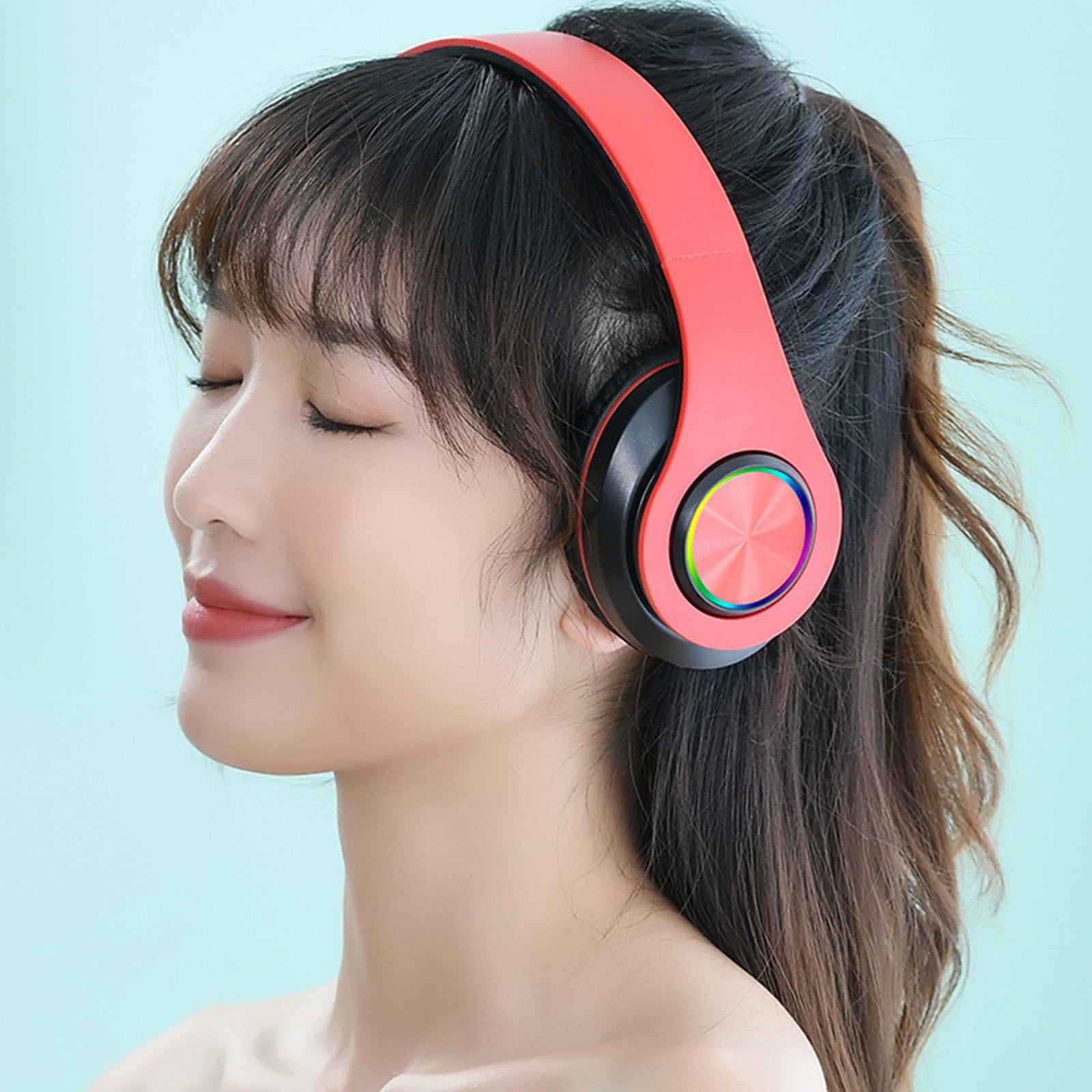 Wireless Headphones with Light Effects, Bluetooth 5.0 with Microphone ^ Features Memory Card Playback and Foldable Design ^ for Comfortable Wear and Extended Listening