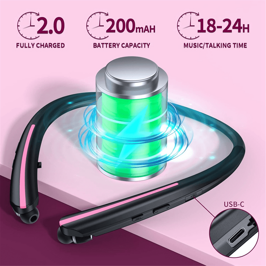 Neckband Wireless Bluetooth Earphones, Retractable Ear Sweat-Proof Stereo Noise-Canceling Earphones