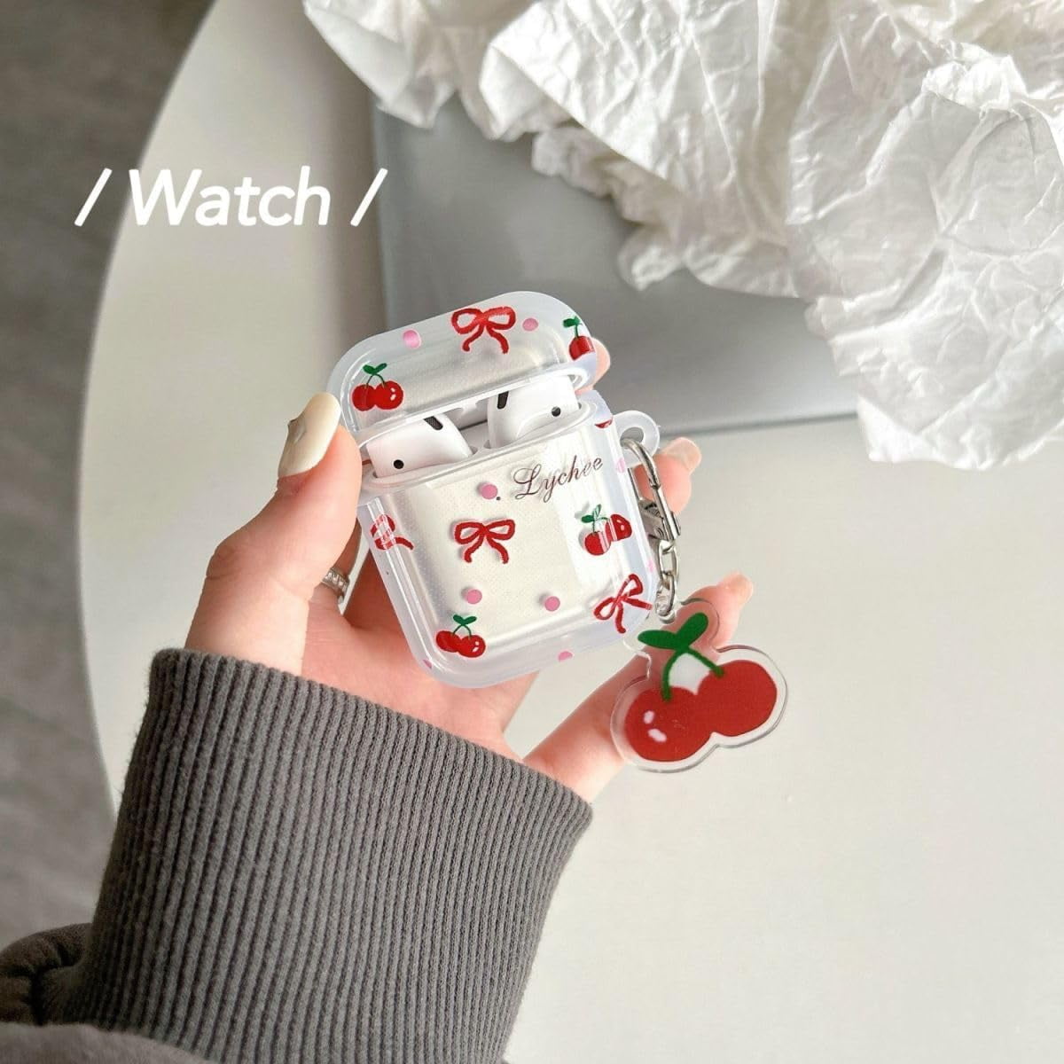 Earphone Case for AirPods 3, Lovely Transparent Clear Bowknot Cherry Case Soft Silicone Sleeve, AirPods 3 Cover Protective Skin Shockproof Protector for Earbuds +Cherry Keychain