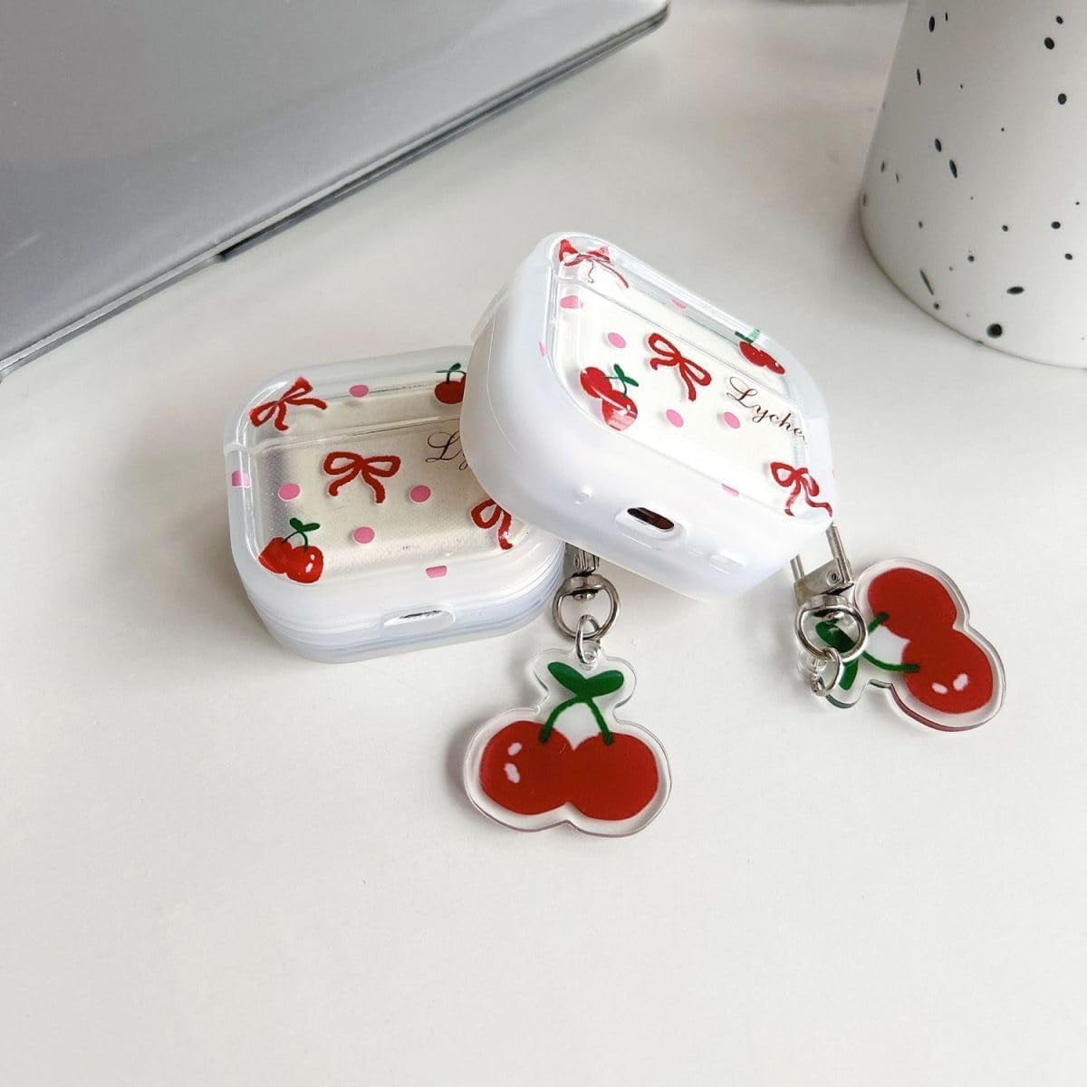 Earphone Case for AirPods 3, Lovely Transparent Clear Bowknot Cherry Case Soft Silicone Sleeve, AirPods 3 Cover Protective Skin Shockproof Protector for Earbuds +Cherry Keychain