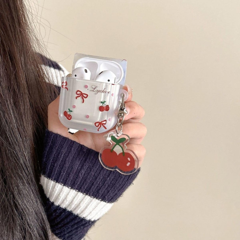 Earphone Case for AirPods 3, Lovely Transparent Clear Bowknot Cherry Case Soft Silicone Sleeve, AirPods 3 Cover Protective Skin Shockproof Protector for Earbuds +Cherry Keychain
