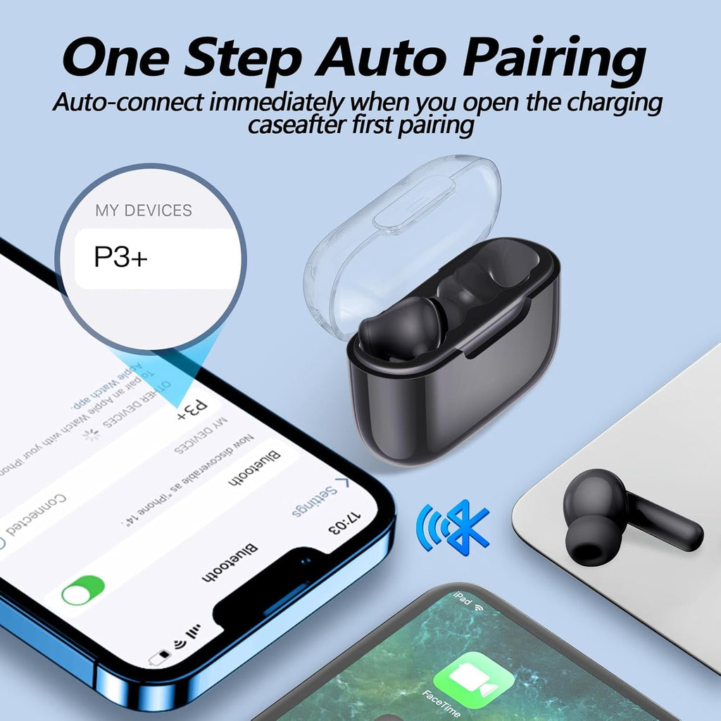 P3 Wireless Earbuds Bluetooth 5.3 Headphones, Deep Bass Stereo with Microphone Earphones in-Ear, Immersive Premium Sound Ear Buds for iPhone, Android-Black