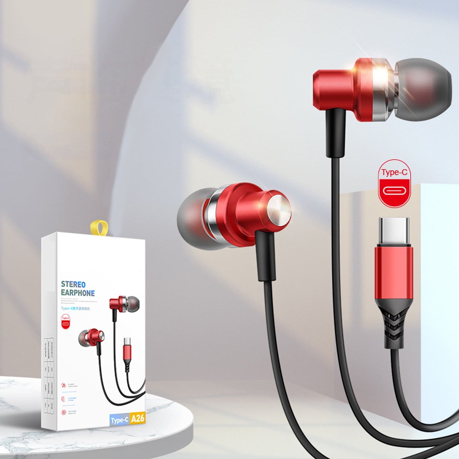 Ergonomic Type C Corded Headphones 120cm Anti Tangling Cord and Clear Sound Metal Stereoed Tuning