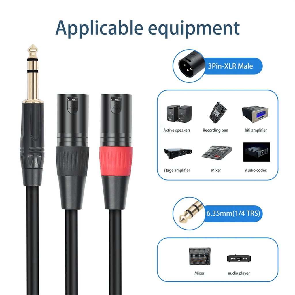 Jack 6.35mm 1/4 TRS Stereo to Double XLR Male Audio Cable Extension Cable Y Splitter Audio Cable 100cm