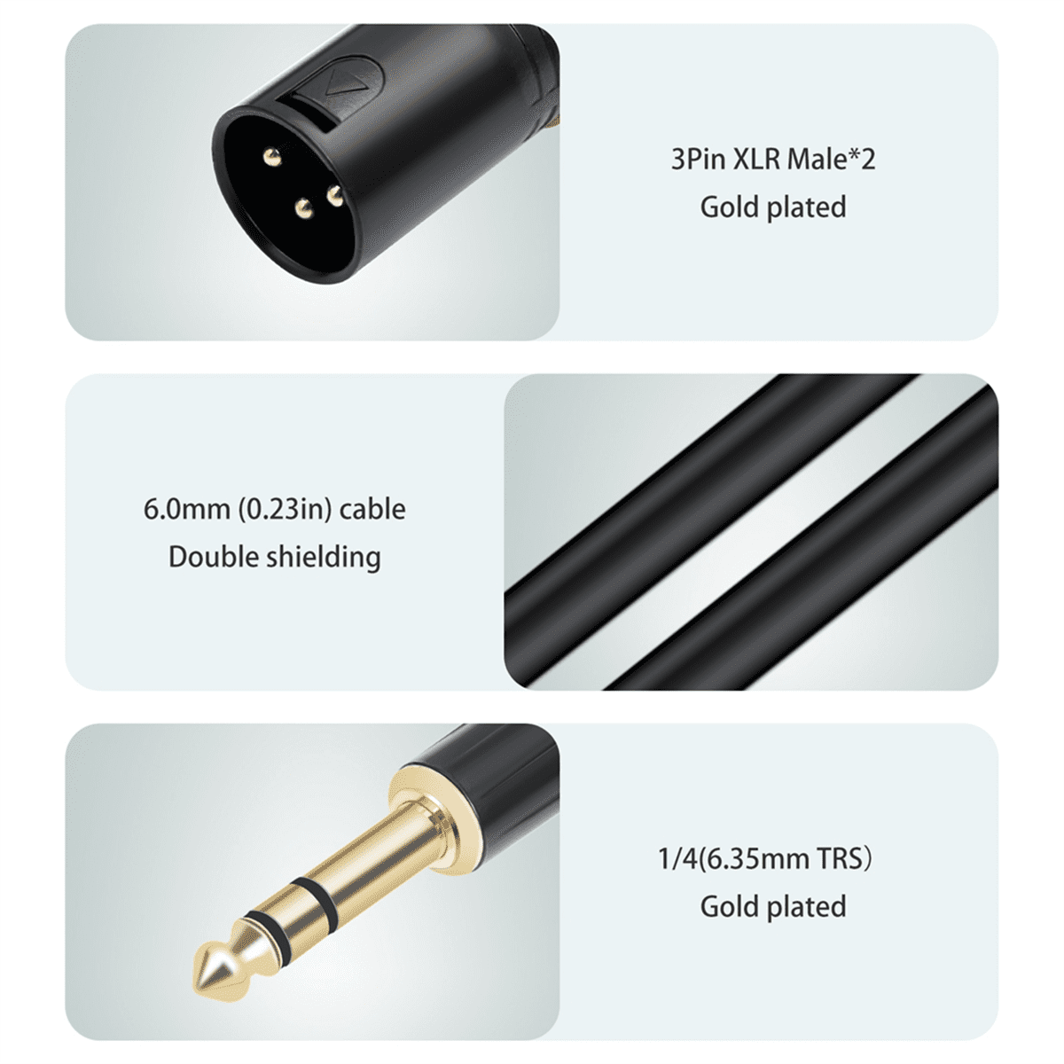 Jack 6.35mm 1/4 TRS Stereo to Double XLR Male Audio Cable Extension Cable Y Splitter Audio Cable 100cm