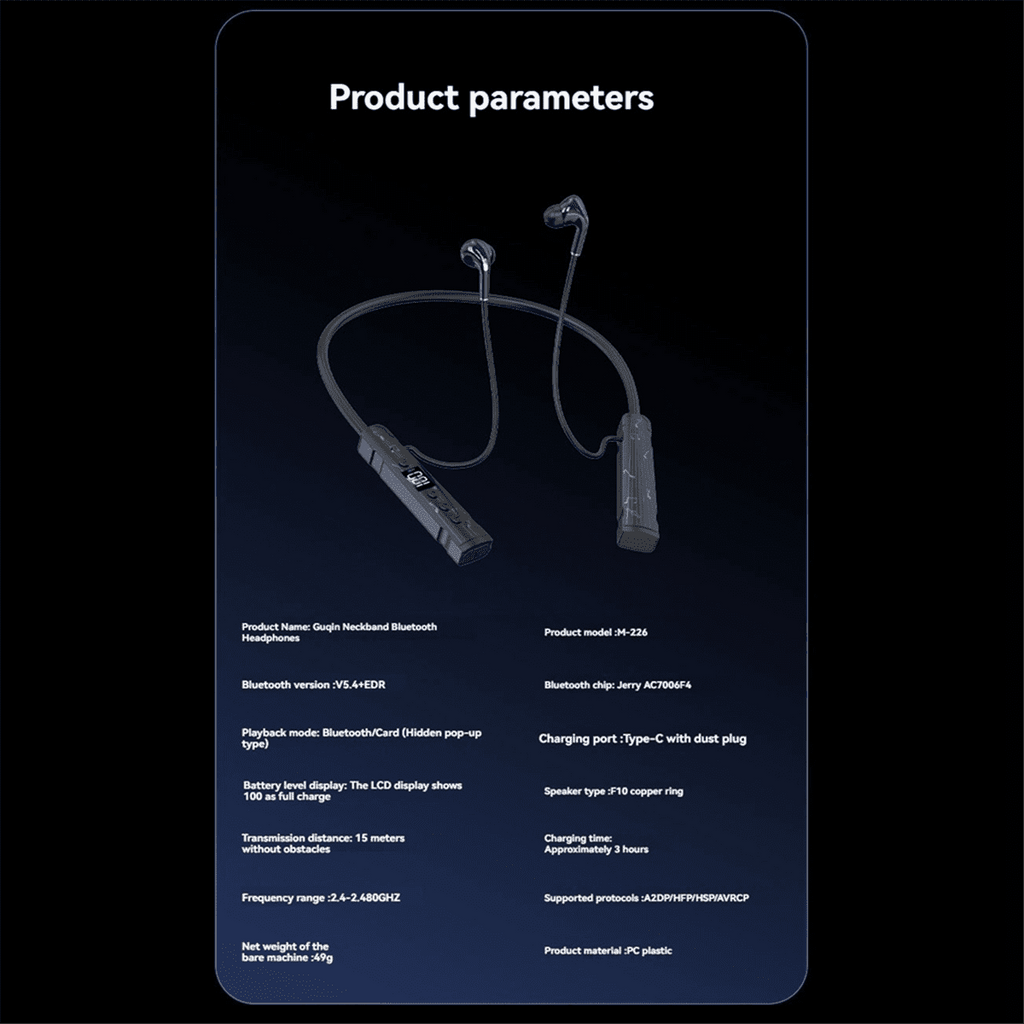 M226 Bluetooth 5.4 Headphone Neckband True Wireless Earphones LED Stereo Sports Headphones with Mic FM Radio Headset,1 * Bluetooth Earphones,Black