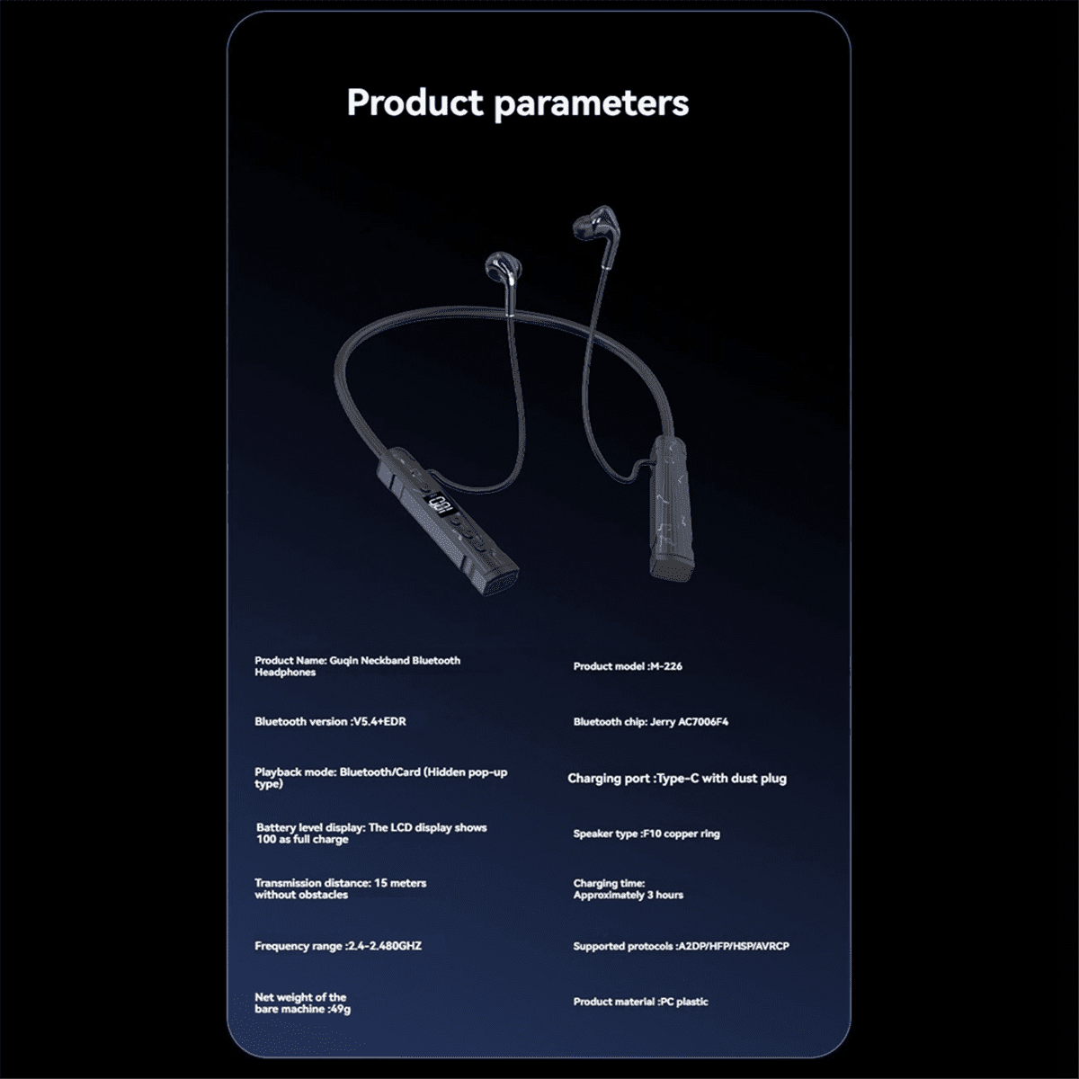 M226 Bluetooth 5.4 Headphone Neckband True Wireless Earphones LED Stereo Sports Headphones with Mic FM Radio Headset,1 * Bluetooth Earphones,Black