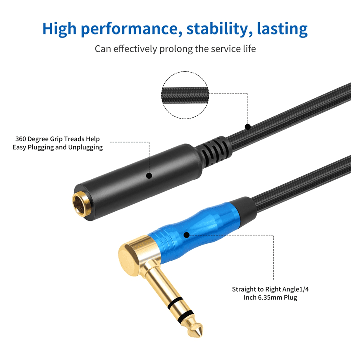 Right Angle 6.35mm TRS Stereo Male to Female Audio Cable,Guitar Extension Cable Cord for Amplifiers,Headphone 30cm