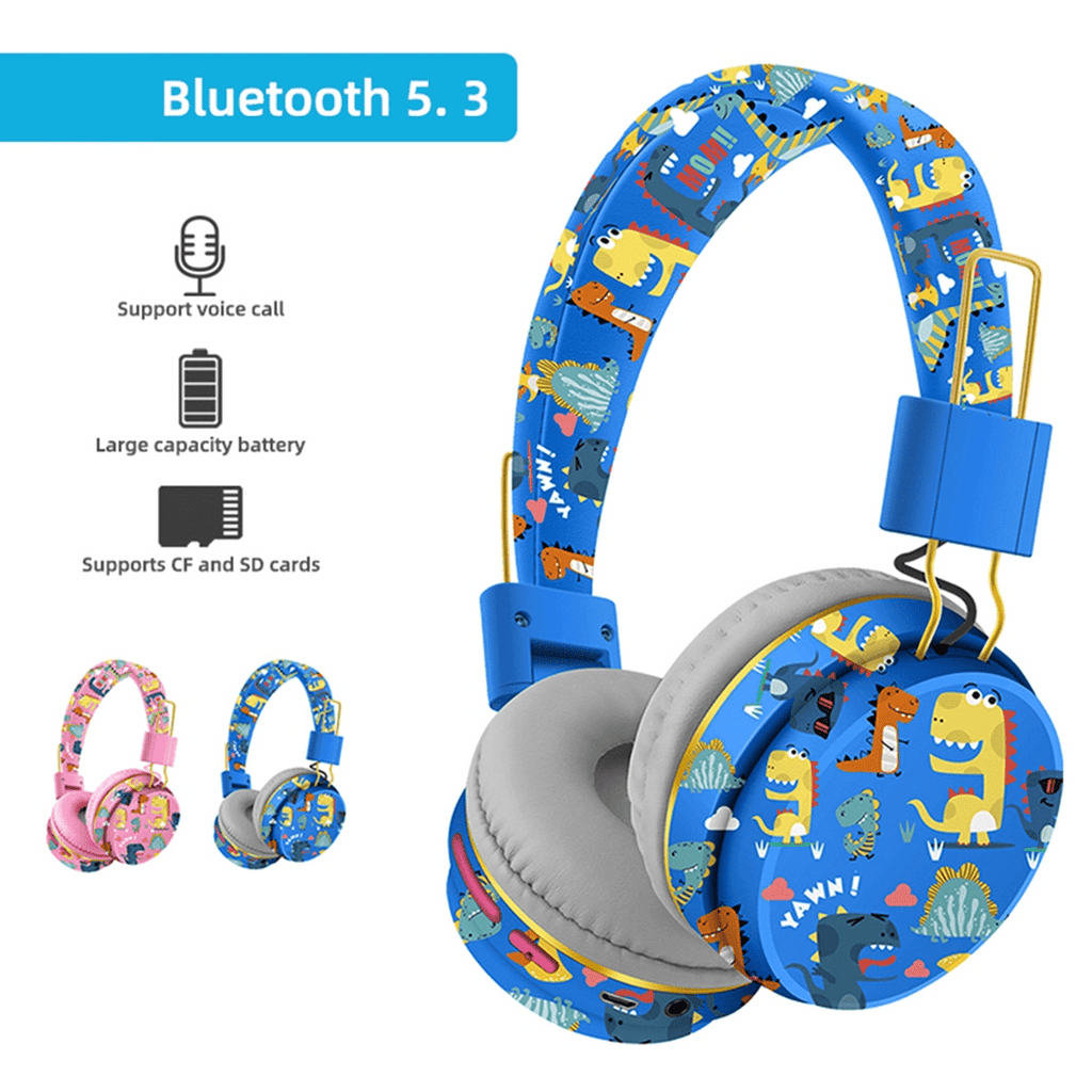Wireless Bluetooth Headset with Microphone Dinosaur Animal Stereo Music Earphone TF Card Headphones for Kids-Pink