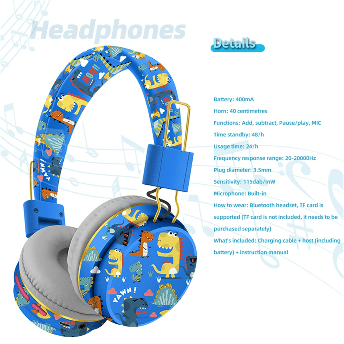 Wireless Bluetooth Headset with Microphone Dinosaur Animal Stereo Music Earphone TF Card Headphones for Kids-Pink