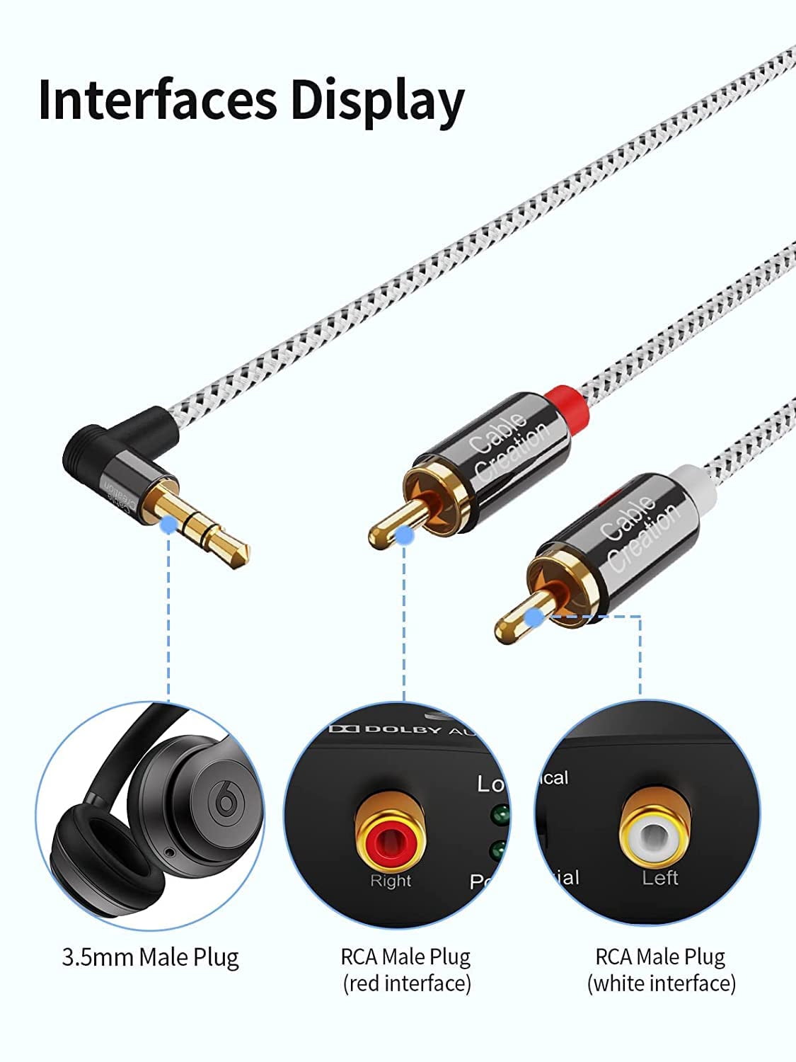 Unbranded 3.5mm to RCA Cable, Angle 3.5mm Male to 2RCA Male Auxiliary Stereo Audio Y Splitter Gold-Plated for Smartphones, MP3, Tablets, Speakers,Home Theater,HDTV,1.6FT/0.5M