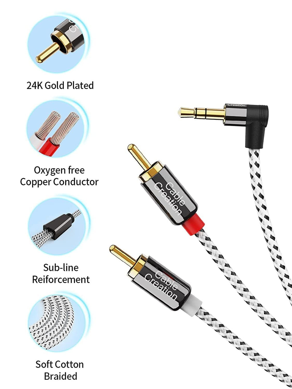 Unbranded 3.5mm to RCA Cable, Angle 3.5mm Male to 2RCA Male Auxiliary Stereo Audio Y Splitter Gold-Plated for Smartphones, MP3, Tablets, Speakers,Home Theater,HDTV,1.6FT/0.5M