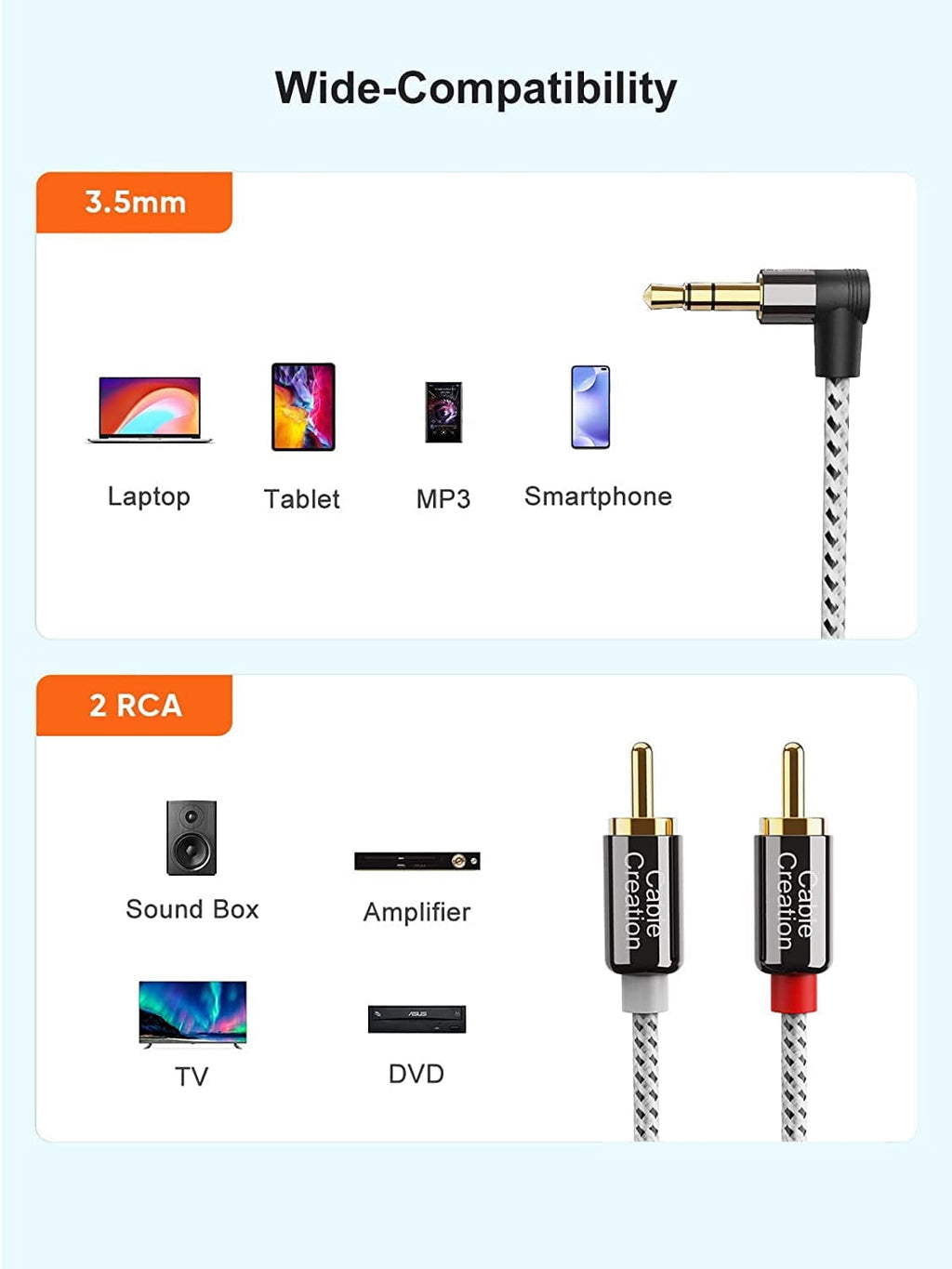 Unbranded 3.5mm to RCA Cable, Angle 3.5mm Male to 2RCA Male Auxiliary Stereo Audio Y Splitter Gold-Plated for Smartphones, MP3, Tablets, Speakers,Home Theater,HDTV,1.6FT/0.5M
